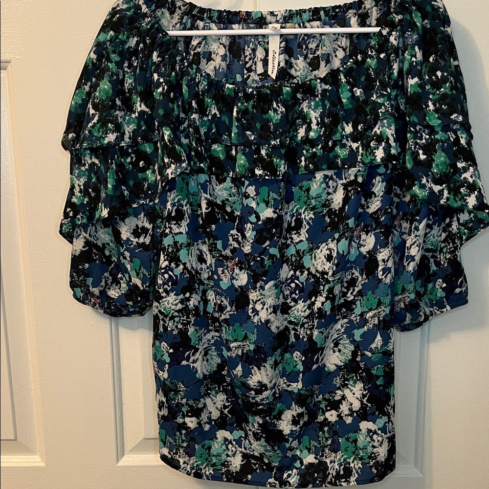NY Collection Blouse Top Off Shoulder‎ 3/4 Sleeve Fun Pattern Size S